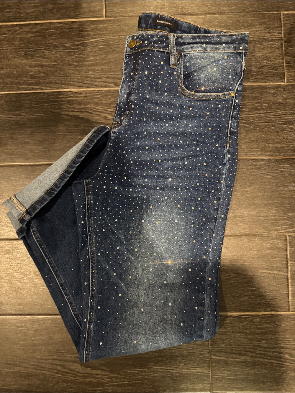 Lucky & Blessed Dark Blue Denim Boyfriend Jeans with Studded Rhinestones